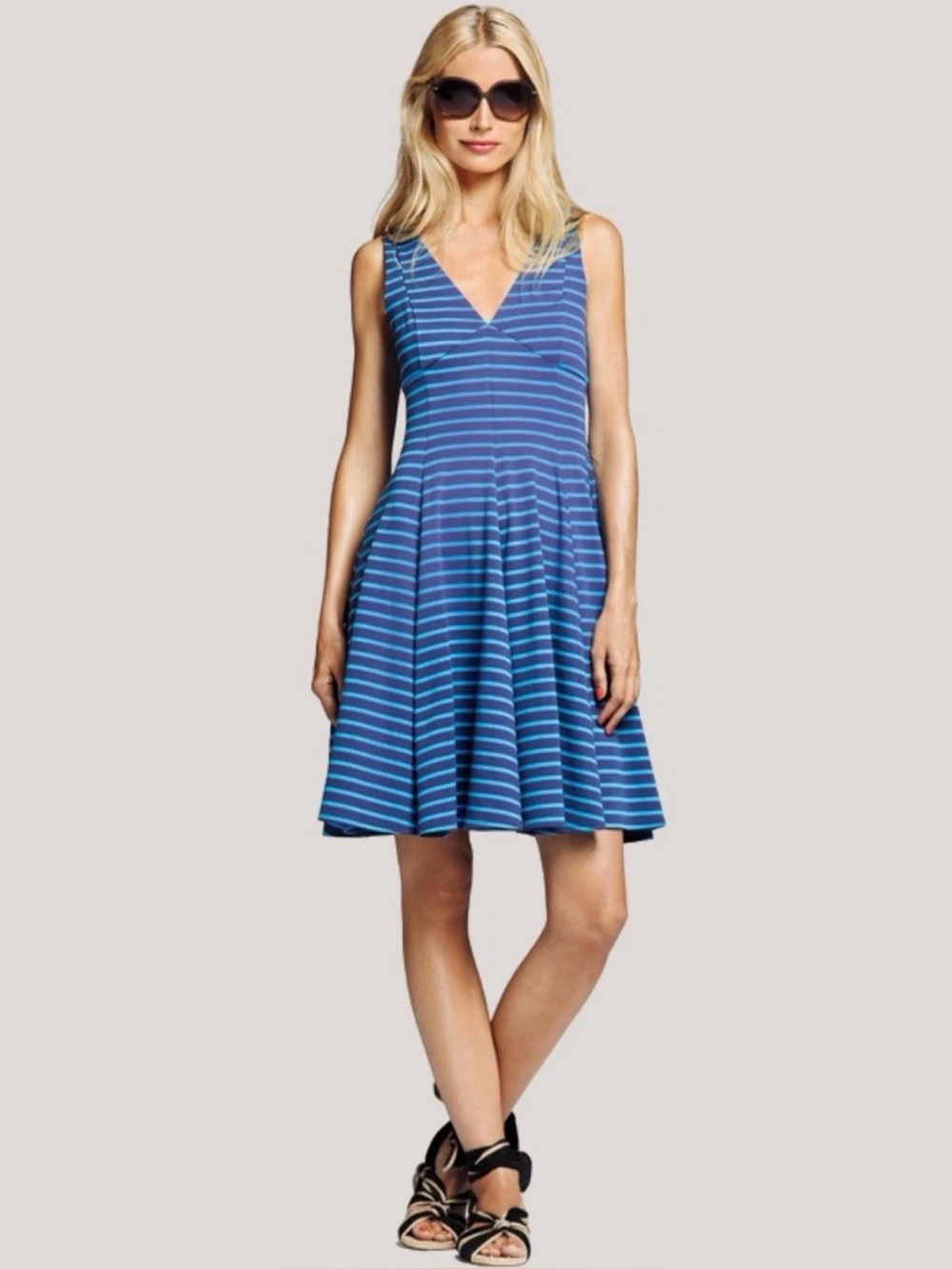 Peter Som  Sleeveless V-Neck Dress 6 Indigo Stripe EUC Fit & Flare